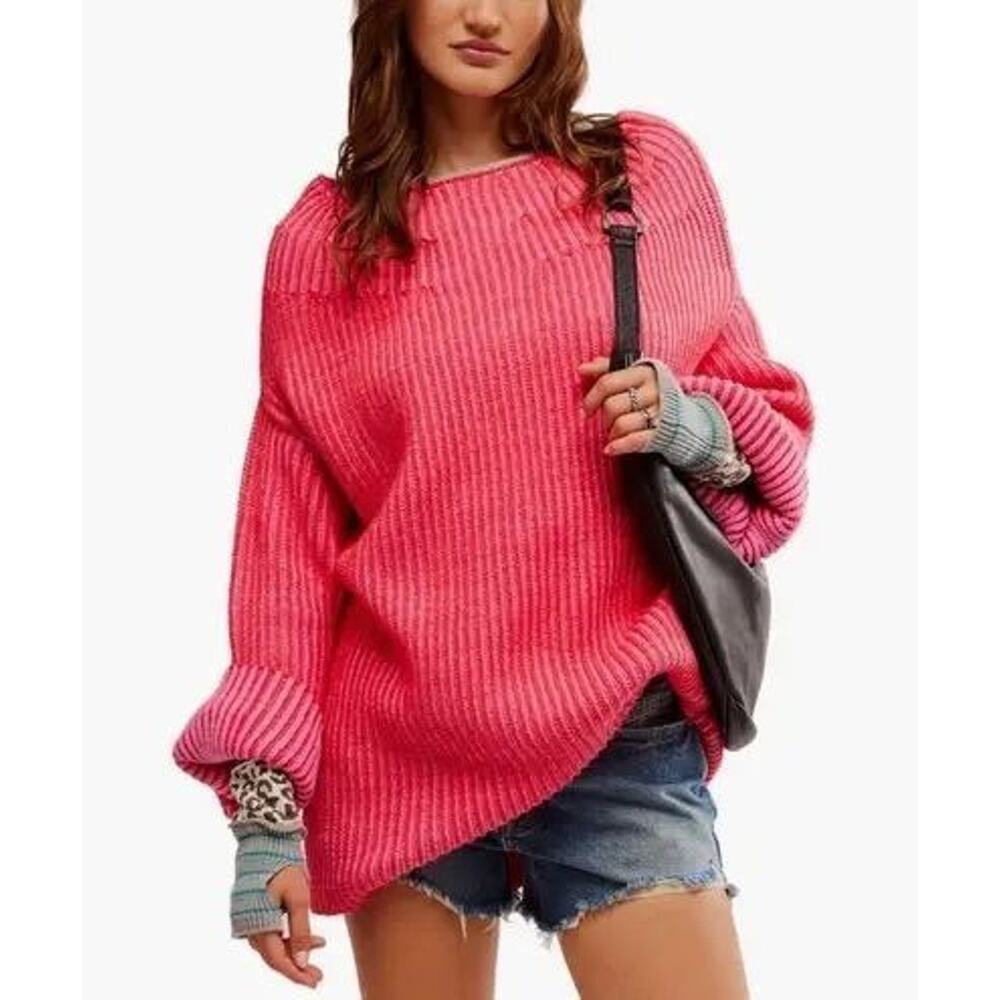 Free People Charlotte Tunic Sweater Pink Oversized Slouchy Ribbed Knit‎ Large